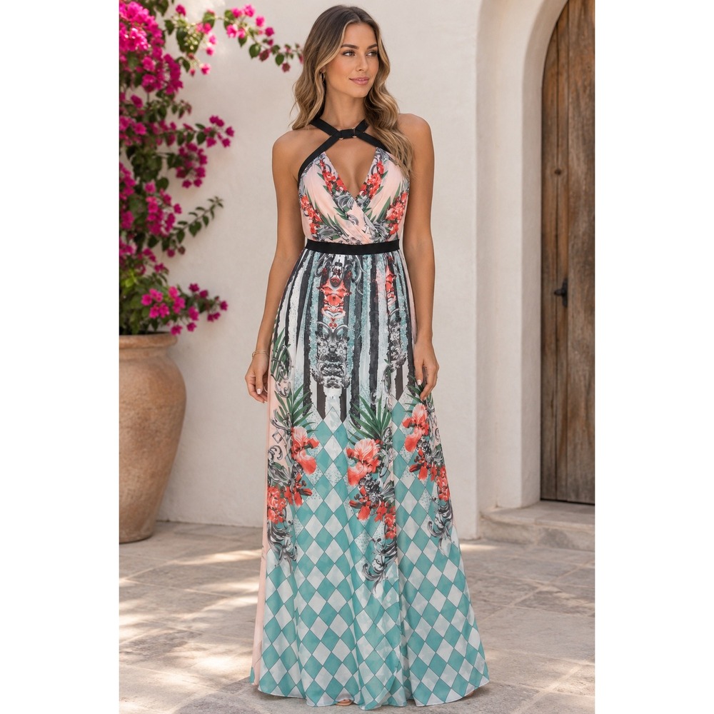 Wow Couture World of Women Floral Geometric Mixed Print Slit Maxi Dress Large